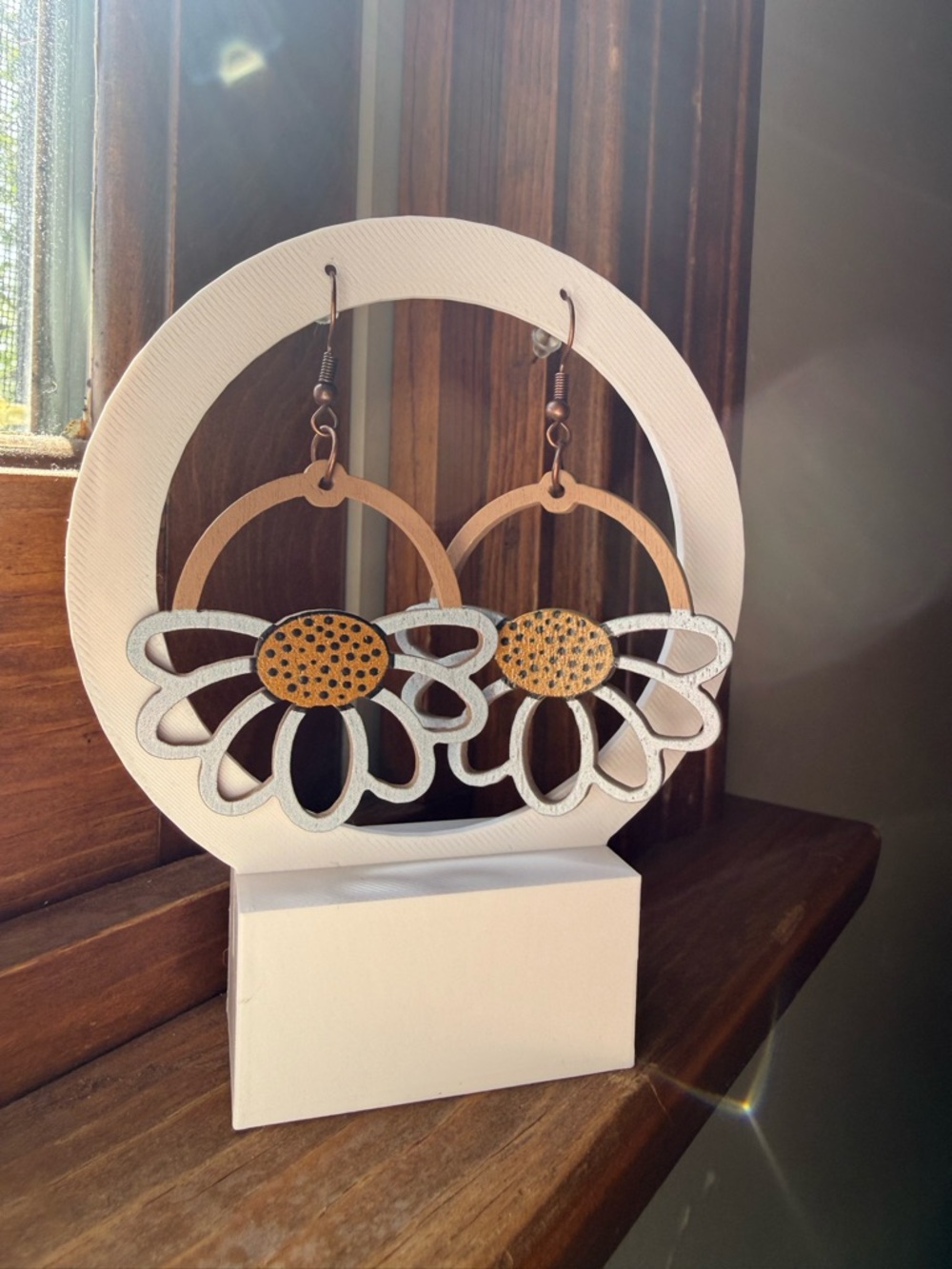 Handcrafted Daisy Hoop Earrings - White, Black & Gold